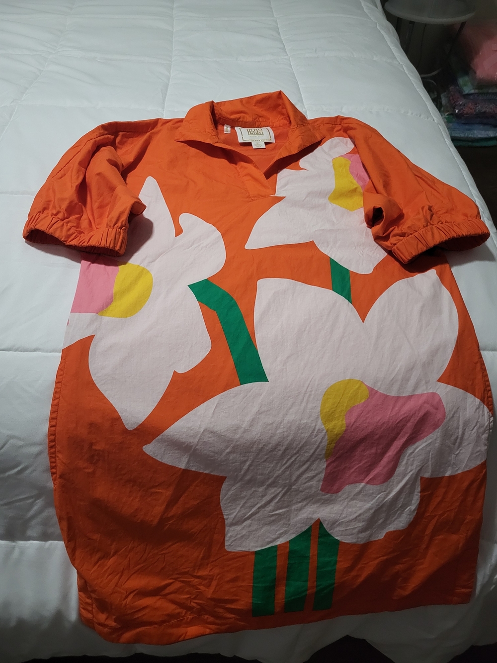 Emily McCarthy Orange Floral Shift Dress with Bold Blooms